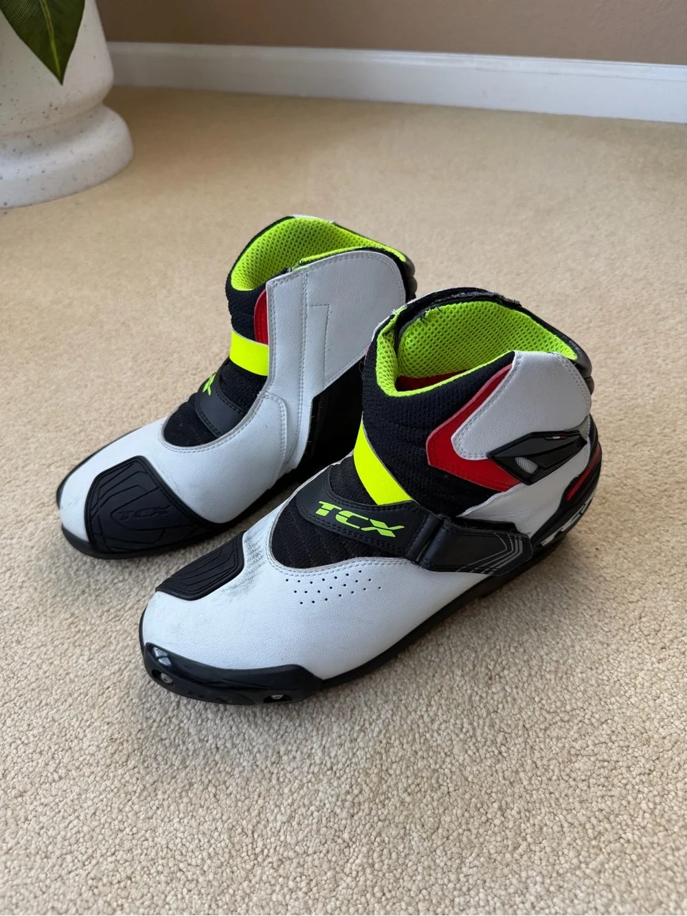 TCX Men's White Motorcycle Riding Boots with Neon Yellow Accents
